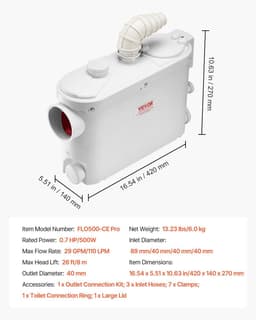 image-VEVOR Macerator Pump 500W - 29 GPM Upflush Toilet Pump 4 Inlets
