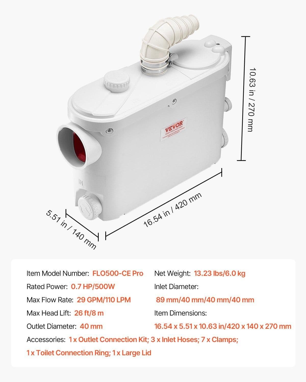 image-VEVOR Macerator Pump 500W - 29 GPM Upflush Toilet Pump 4 Inlets