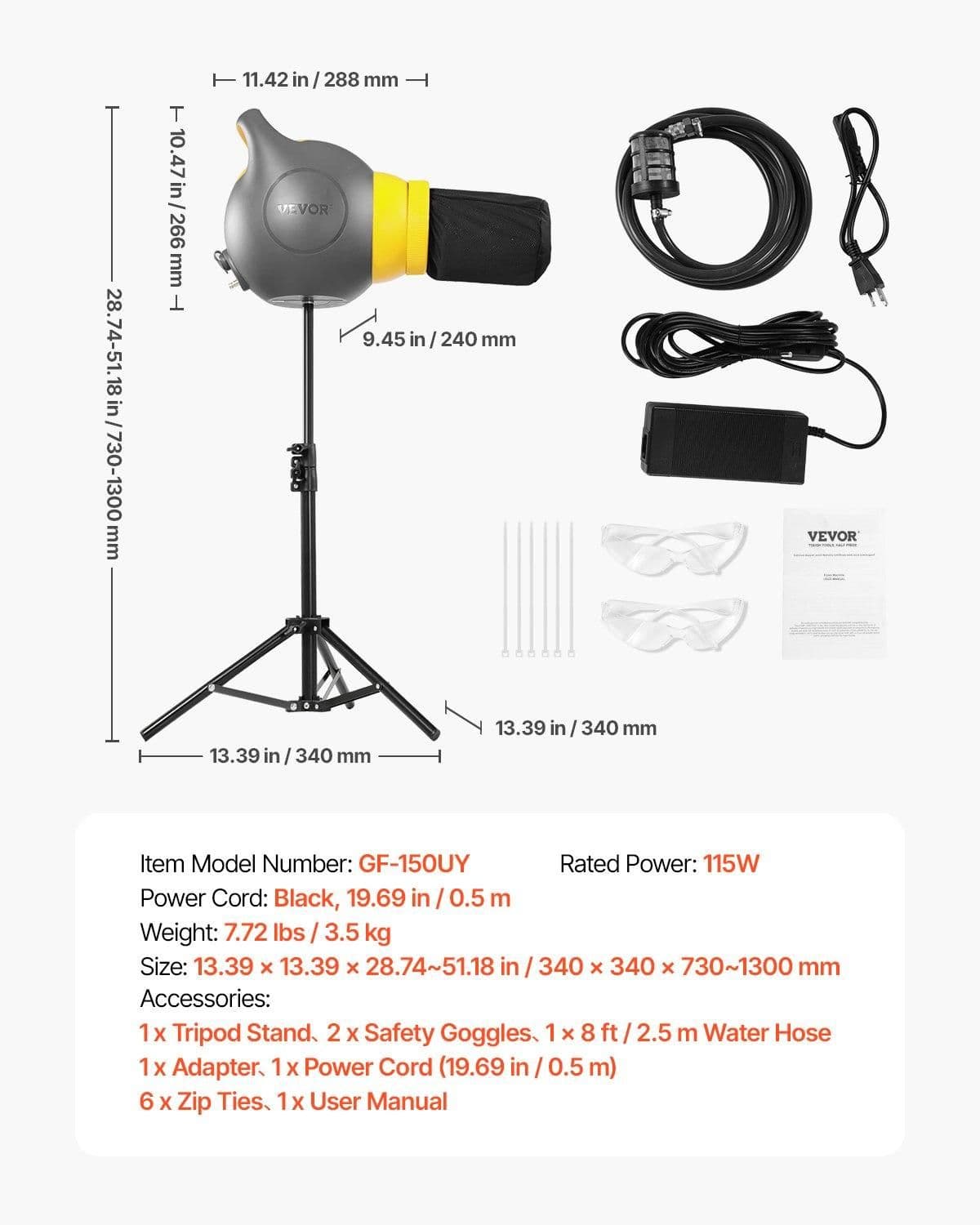 image-VEVOR Foam Machine, 115 W Party Foam Cannon, Portable Foam Maker with a Tripod Stand, Powerful Foam Party Machine, for Backyard, Pool, Outdoor Events, Birthdays, Celebrations and Party, Grey & Yellow