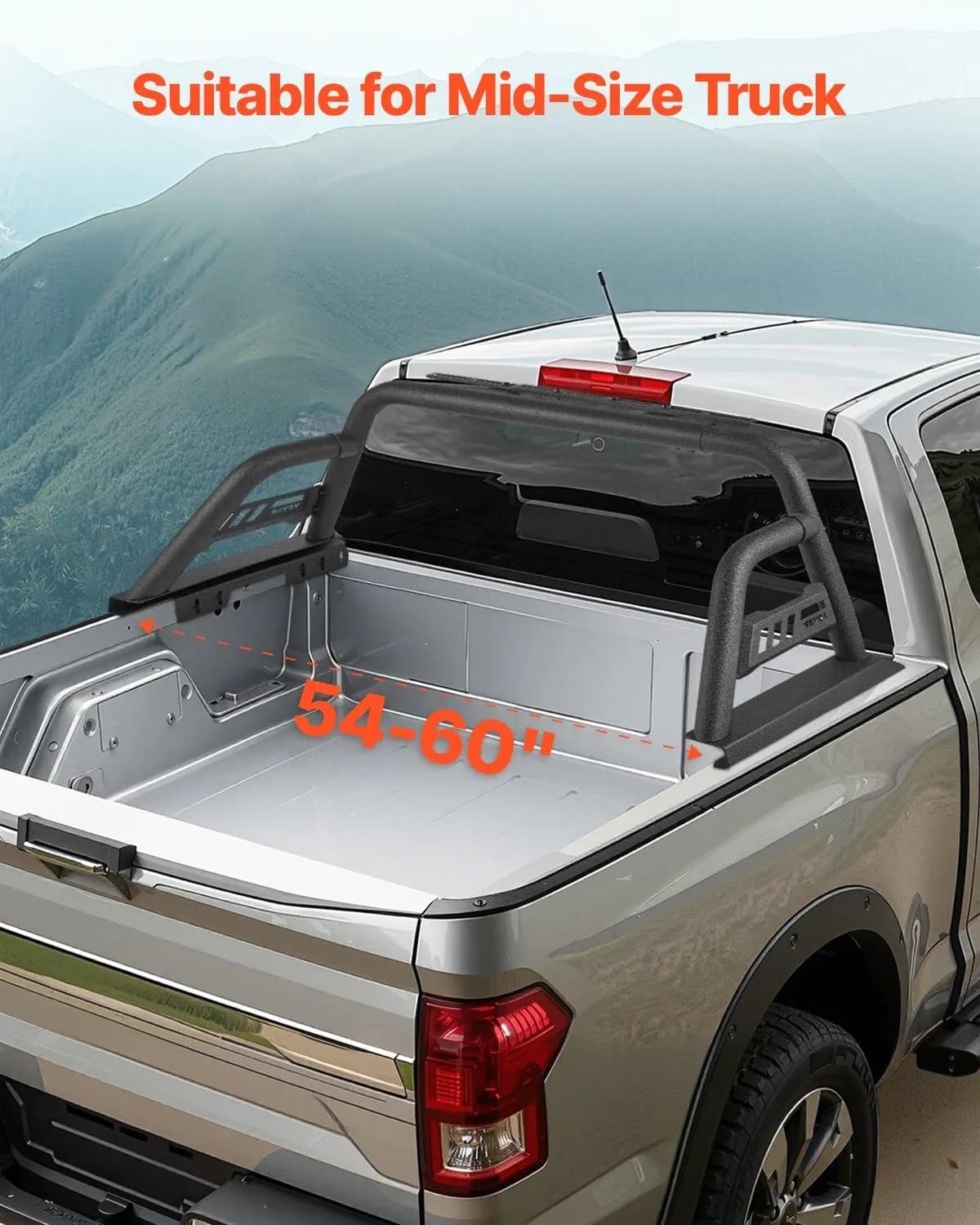 image-VEVOR Truck Bed Roll Bar, Universal Pickup Sport Adjustable Bar Chase Rack Compatible with Mid-Size Truck, Carbon Steel Construction with Extension Light Bracket, No Rack Included