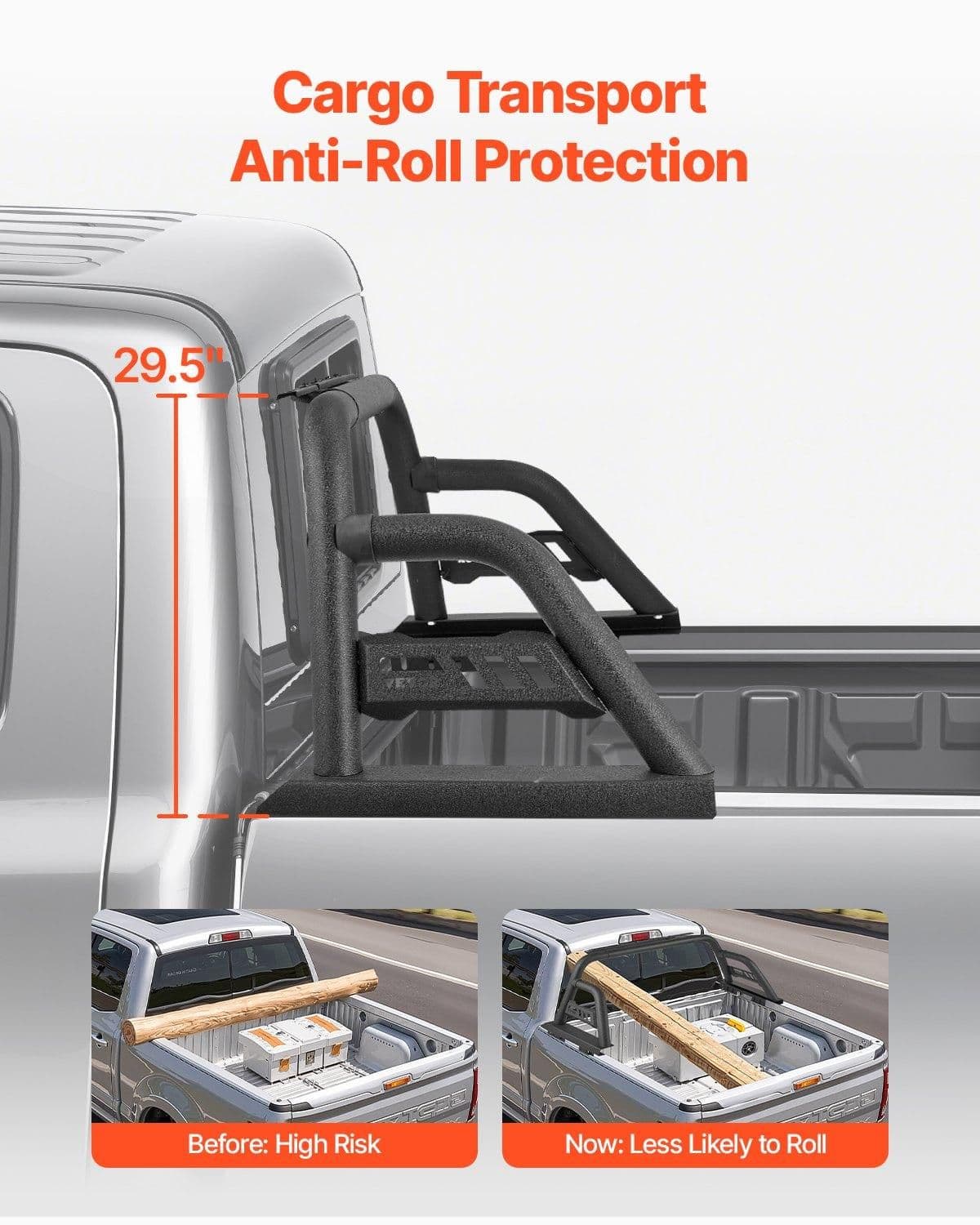 image-VEVOR Truck Bed Roll Bar, Universal Pickup Sport Adjustable Bar Chase Rack Compatible with Mid-Size Truck, Carbon Steel Construction with Extension Light Bracket, No Rack Included