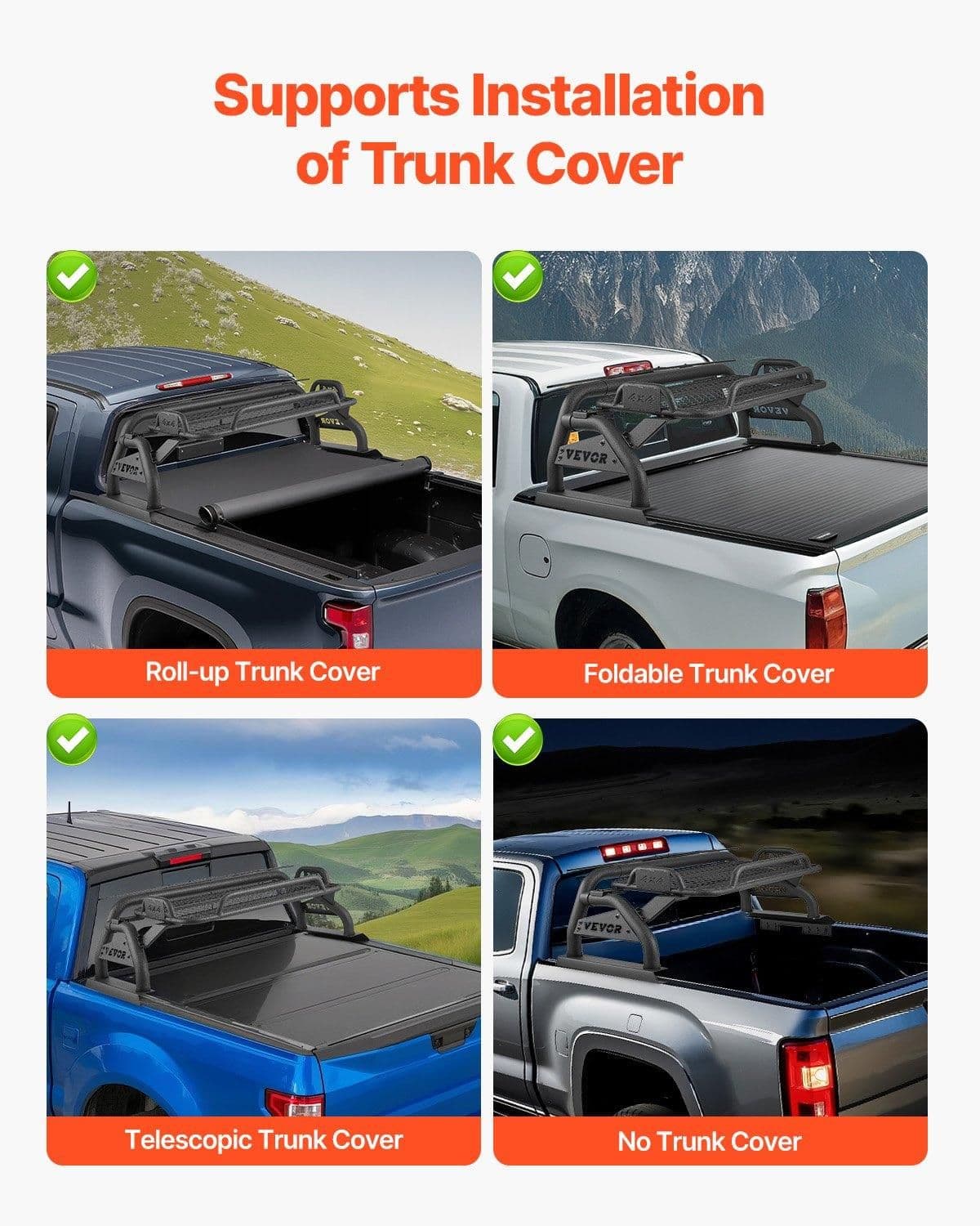 image-VEVOR Truck Bed Roll Bar, Universal Adjustable Sport Bar Chase Rack, with Luggage Rack for Full-Size Pickup, Carbon Steel Construction with Extension Light Bracket, Rust-resistant Coating
