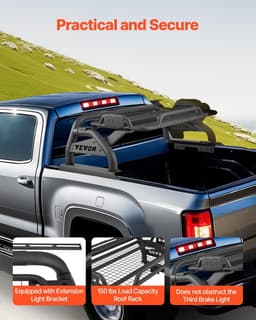 image-VEVOR Truck Bed Roll Bar, Universal Adjustable Sport Bar Chase Rack, with Luggage Rack for Full-Size Pickup, Carbon Steel Construction with Extension Light Bracket, Rust-resistant Coating