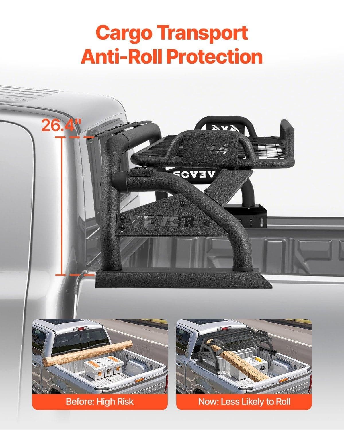 image-VEVOR Truck Bed Roll Bar, Universal Adjustable Sport Bar Chase Rack, with Luggage Rack for Full-Size Pickup, Carbon Steel Construction with Extension Light Bracket, Rust-resistant Coating
