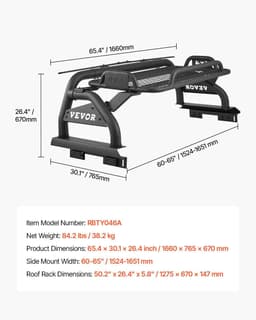 image-VEVOR Truck Bed Roll Bar, Universal Adjustable Sport Bar Chase Rack, with Luggage Rack for Full-Size Pickup, Carbon Steel Construction with Extension Light Bracket, Rust-resistant Coating