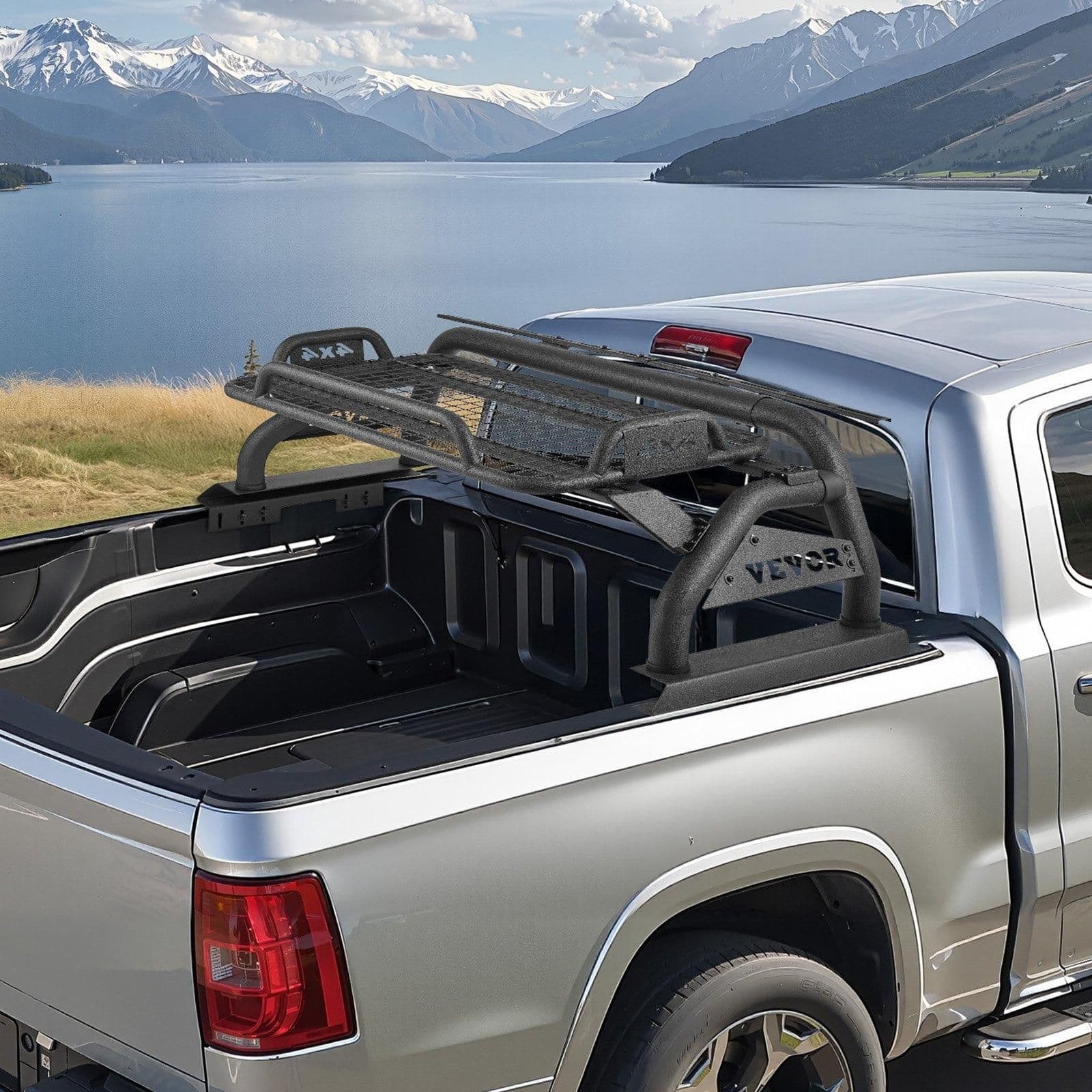 image-VEVOR Truck Bed Roll Bar, Universal Adjustable Sport Bar Chase Rack, with Luggage Rack for Full-Size Pickup, Carbon Steel Construction with Extension Light Bracket, Rust-resistant Coating