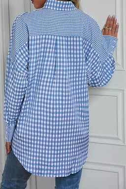 image-Sky Blue Striped Plaid Button-Up Long Sleeve Shirt - Casual Chic Design