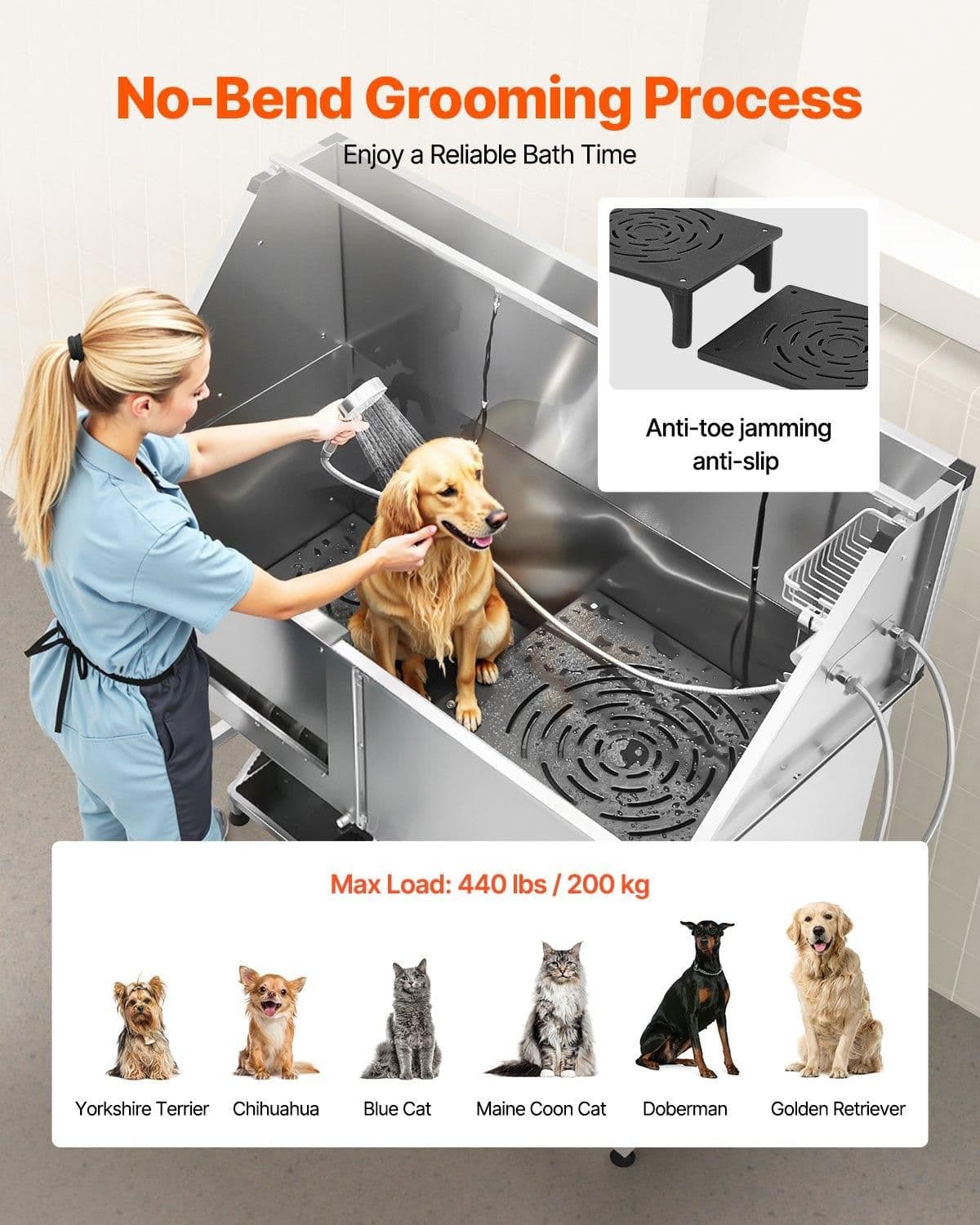 image-VEVOR Stainless Steel Dog Washing Station, 62 inch Pet Grooming Tub w/ Stairs, PE Water Filter Board, Faucet & Showerhead & Soap Holder Dog Bathtub for Large & Medium & Small Pets (Left Door)