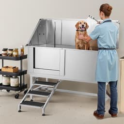 image-VEVOR Stainless Steel Dog Washing Station, 62 inch Pet Grooming Tub w/ Stairs, PE Water Filter Board, Faucet & Showerhead & Soap Holder Dog Bathtub for Large & Medium & Small Pets (Left Door)
