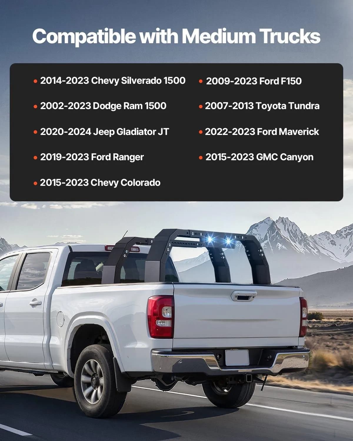 image-VEVOR Overland Truck Bed Rack, 14.4-17.3 in Height, Adjustable Bed Cargo Rack with Security LED Light, Compatible with Ram 1500/Tundra/Silverado 1500/F150/Gladiator JT/Colorado/Canyon/Ranger/Maverick