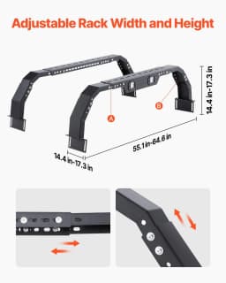 image-VEVOR Overland Truck Bed Rack, 14.4-17.3 in Height, Adjustable Bed Cargo Rack with Security LED Light, Compatible with Ram 1500/Tundra/Silverado 1500/F150/Gladiator JT/Colorado/Canyon/Ranger/Maverick