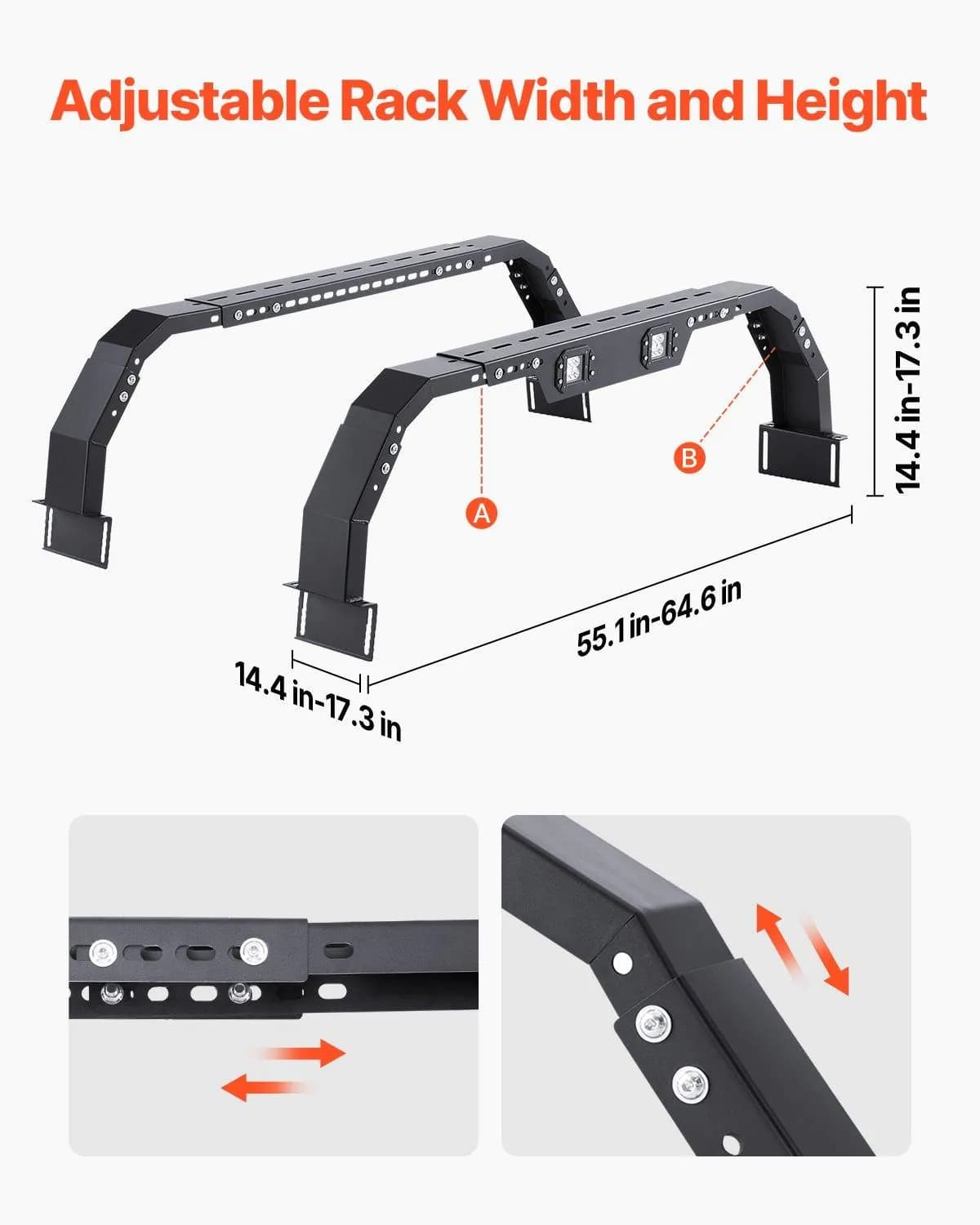 image-VEVOR Overland Truck Bed Rack, 14.4-17.3 in Height, Adjustable Bed Cargo Rack with Security LED Light, Compatible with Ram 1500/Tundra/Silverado 1500/F150/Gladiator JT/Colorado/Canyon/Ranger/Maverick