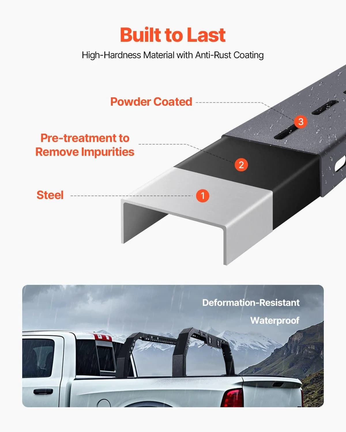 image-VEVOR Overland Truck Bed Rack, 14.4-17.3 in Height, Adjustable Bed Cargo Rack with Security LED Light, Compatible with Ram 1500/Tundra/Silverado 1500/F150/Gladiator JT/Colorado/Canyon/Ranger/Maverick