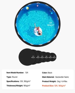 image-VEVOR 12ft Round Pool Liner Pad, Pool Liner Pad for Above Ground Swimming Pools, Extra-Thick Pool Mat, Prevents Punctures, Recycled Geotextile Material Underlayment Pad, Extend Liner Life