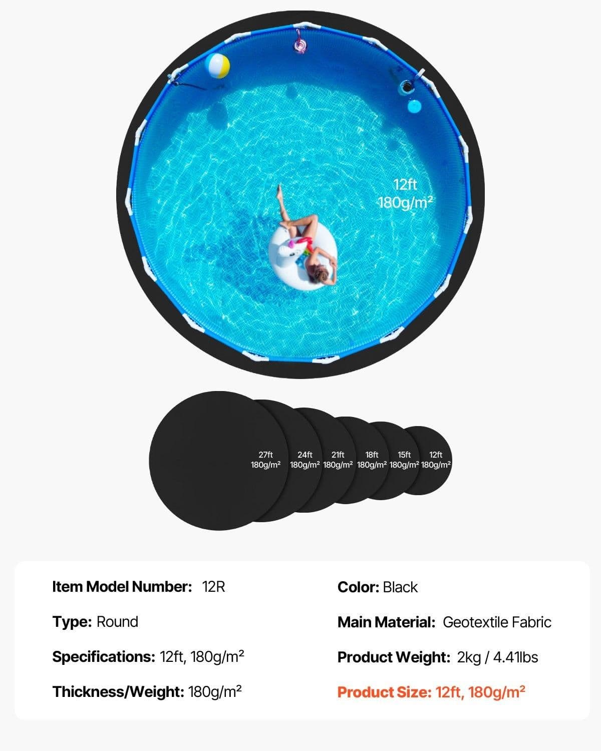 image-VEVOR 12ft Round Pool Liner Pad, Pool Liner Pad for Above Ground Swimming Pools, Extra-Thick Pool Mat, Prevents Punctures, Recycled Geotextile Material Underlayment Pad, Extend Liner Life