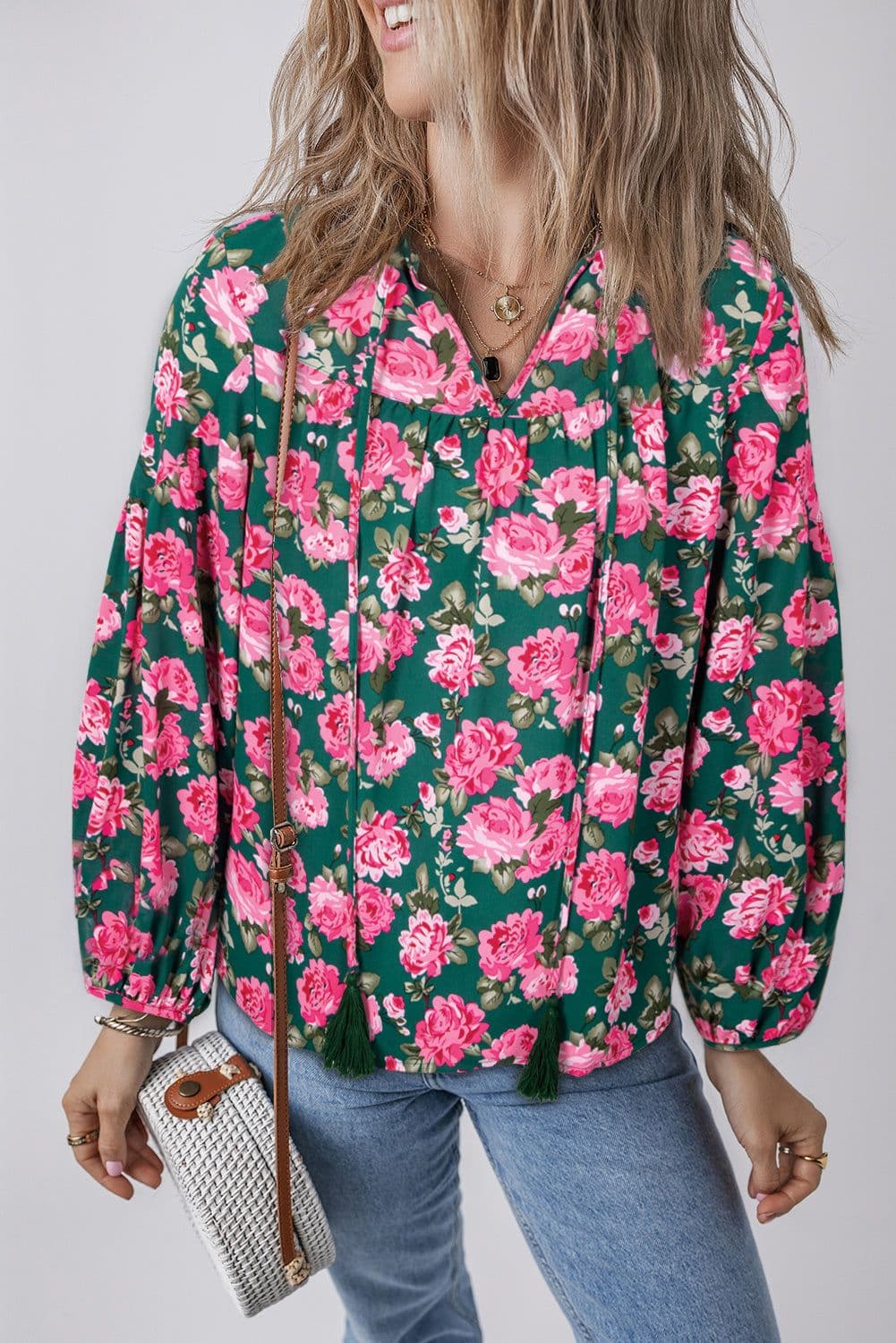 image-Floral Printed Tied Collar Puff Sleeve Blouse - Elegant & Feminine