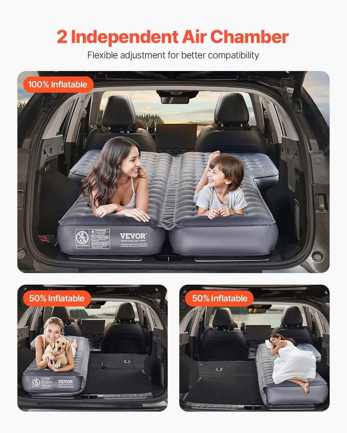 image-VEVOR Car Air Mattress, Inflatable Car Camping Mattress, Oxford Thickened Travel Beds, Comfortable and Durable Portable Sleeping Pad with Air Pump, Nozzle, Carry Bag, Fits Most SUV MPV Sedan, Gray