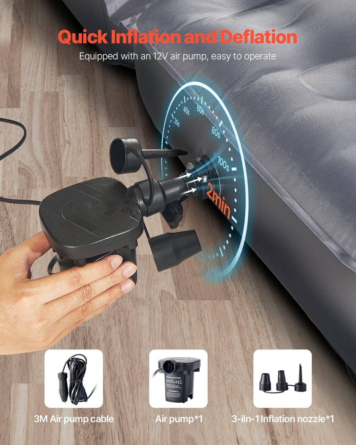 image-VEVOR Car Air Mattress, Inflatable Car Camping Mattress, Oxford Thickened Travel Beds, Comfortable and Durable Portable Sleeping Pad with Air Pump, Nozzle, Carry Bag, Fits Most SUV MPV Sedan, Gray