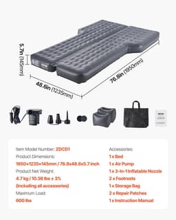 image-VEVOR Car Air Mattress, Inflatable Car Camping Mattress, Oxford Thickened Travel Beds, Comfortable and Durable Portable Sleeping Pad with Air Pump, Nozzle, Carry Bag, Fits Most SUV MPV Sedan, Gray