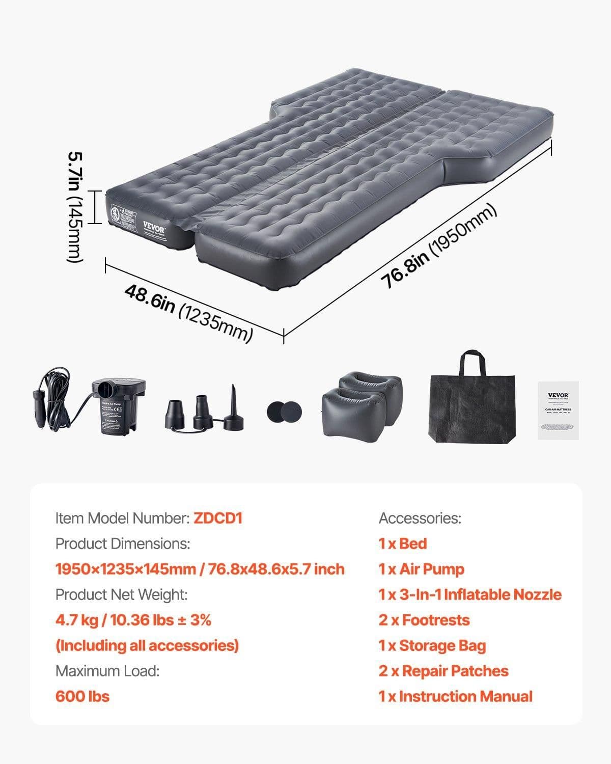 image-VEVOR Car Air Mattress, Inflatable Car Camping Mattress, Oxford Thickened Travel Beds, Comfortable and Durable Portable Sleeping Pad with Air Pump, Nozzle, Carry Bag, Fits Most SUV MPV Sedan, Gray