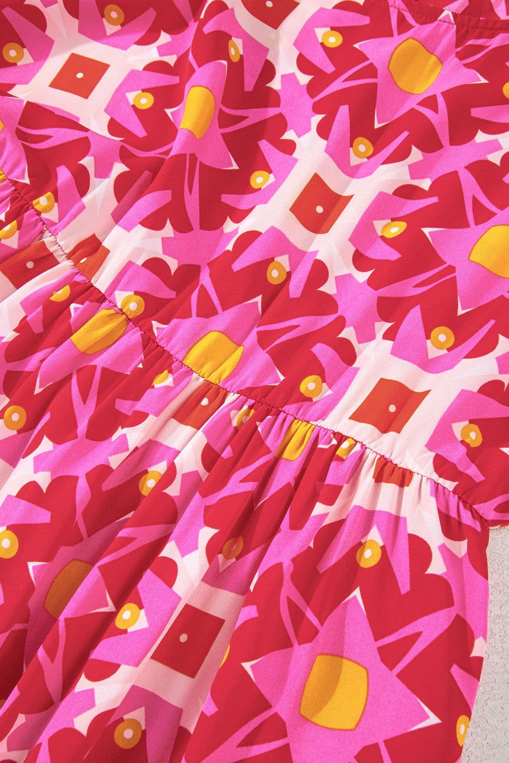 image-Strawberry Pink Geometric Print Smocked Long Sleeve Mini Dress