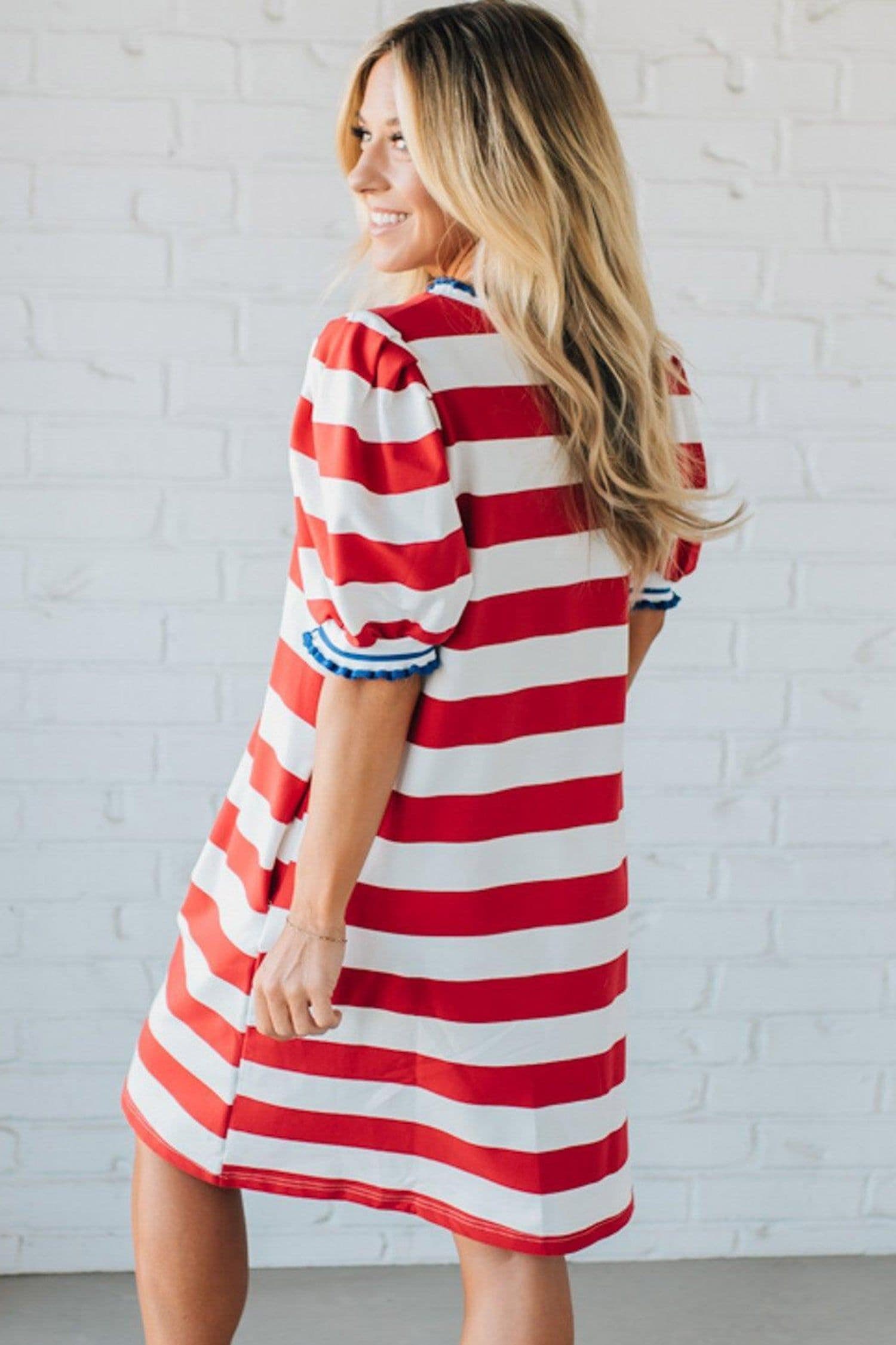 image-Blue Stripe Contrast Trim Mini Dress Puff Sleeve