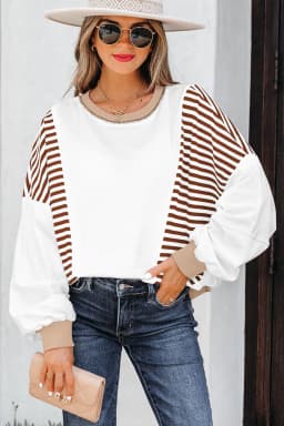 image-Brown Stripe Colorblock Patchwork Sweatshirt Oversized