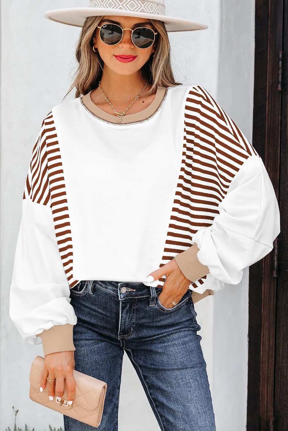 image-Brown Stripe Colorblock Patchwork Sweatshirt Oversized