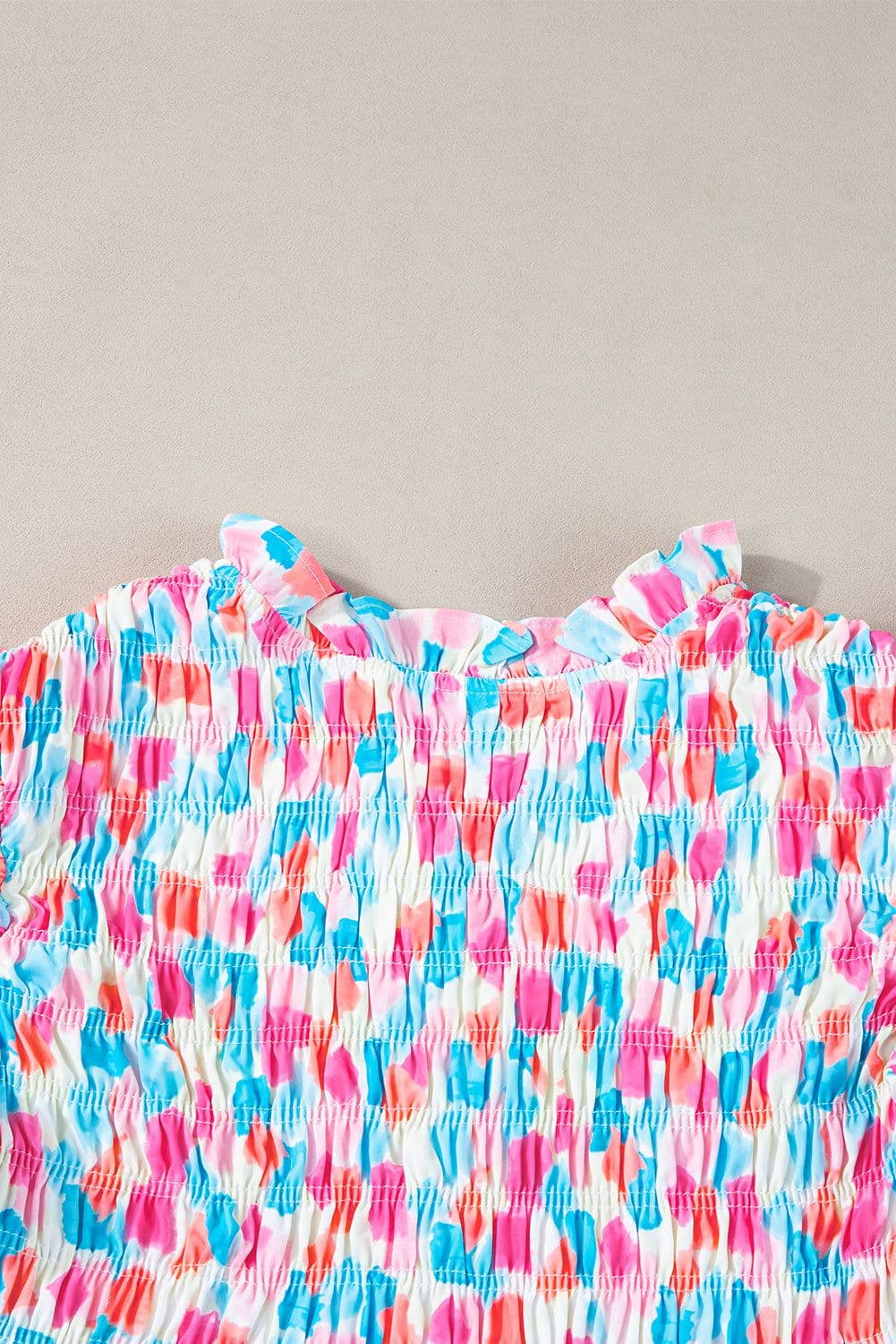 image-Sky Blue Abstract Printed Ruffled Blouse - Shirred Yoke Design