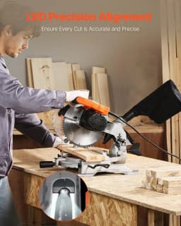 image-VEVOR Compound Miter Saw, 10-Inch Blade, 15 Amp Motor, 60-Tooth, Corded Single Bevel 0-45°, LED Precision Alignment, Angle Adjustable, Lightweight Cast Aluminum Base, for Wood, Composite Decking