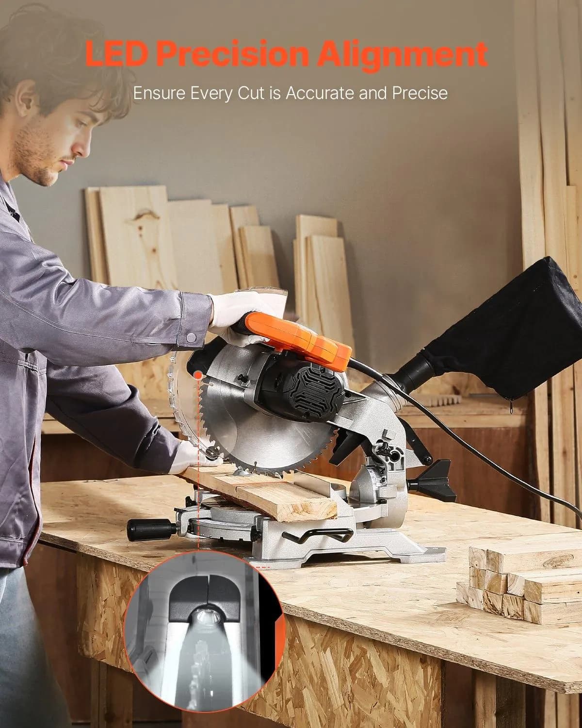 image-VEVOR Compound Miter Saw, 10-Inch Blade, 15 Amp Motor, 60-Tooth, Corded Single Bevel 0-45°, LED Precision Alignment, Angle Adjustable, Lightweight Cast Aluminum Base, for Wood, Composite Decking