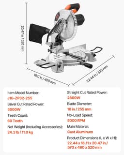 image-VEVOR Compound Miter Saw, 10-Inch Blade, 15 Amp Motor, 60-Tooth, Corded Single Bevel 0-45°, LED Precision Alignment, Angle Adjustable, Lightweight Cast Aluminum Base, for Wood, Composite Decking