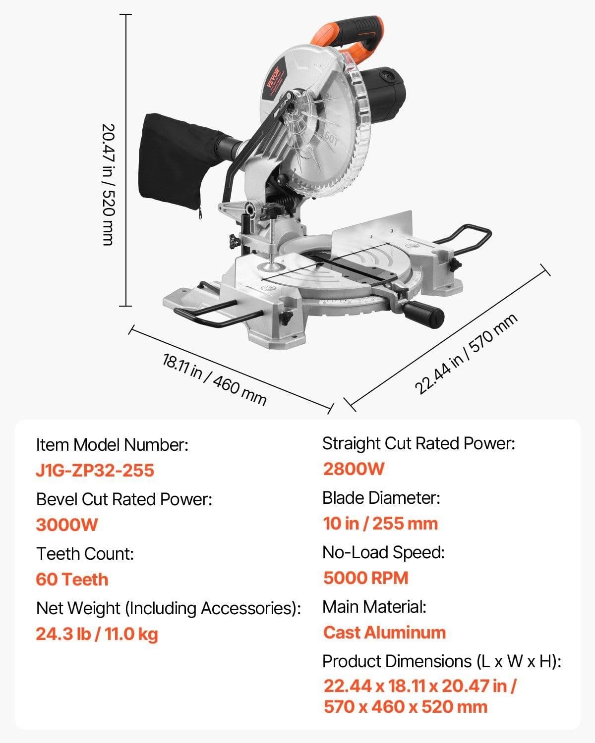 image-VEVOR Compound Miter Saw, 10-Inch Blade, 15 Amp Motor, 60-Tooth, Corded Single Bevel 0-45°, LED Precision Alignment, Angle Adjustable, Lightweight Cast Aluminum Base, for Wood, Composite Decking