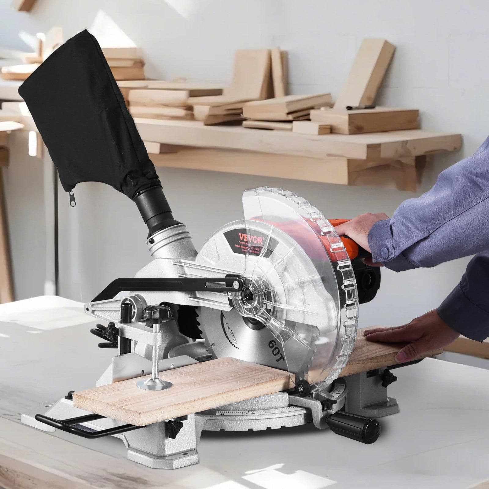 image-VEVOR Compound Miter Saw, 10-Inch Blade, 15 Amp Motor, 60-Tooth, Corded Single Bevel 0-45°, LED Precision Alignment, Angle Adjustable, Lightweight Cast Aluminum Base, for Wood, Composite Decking