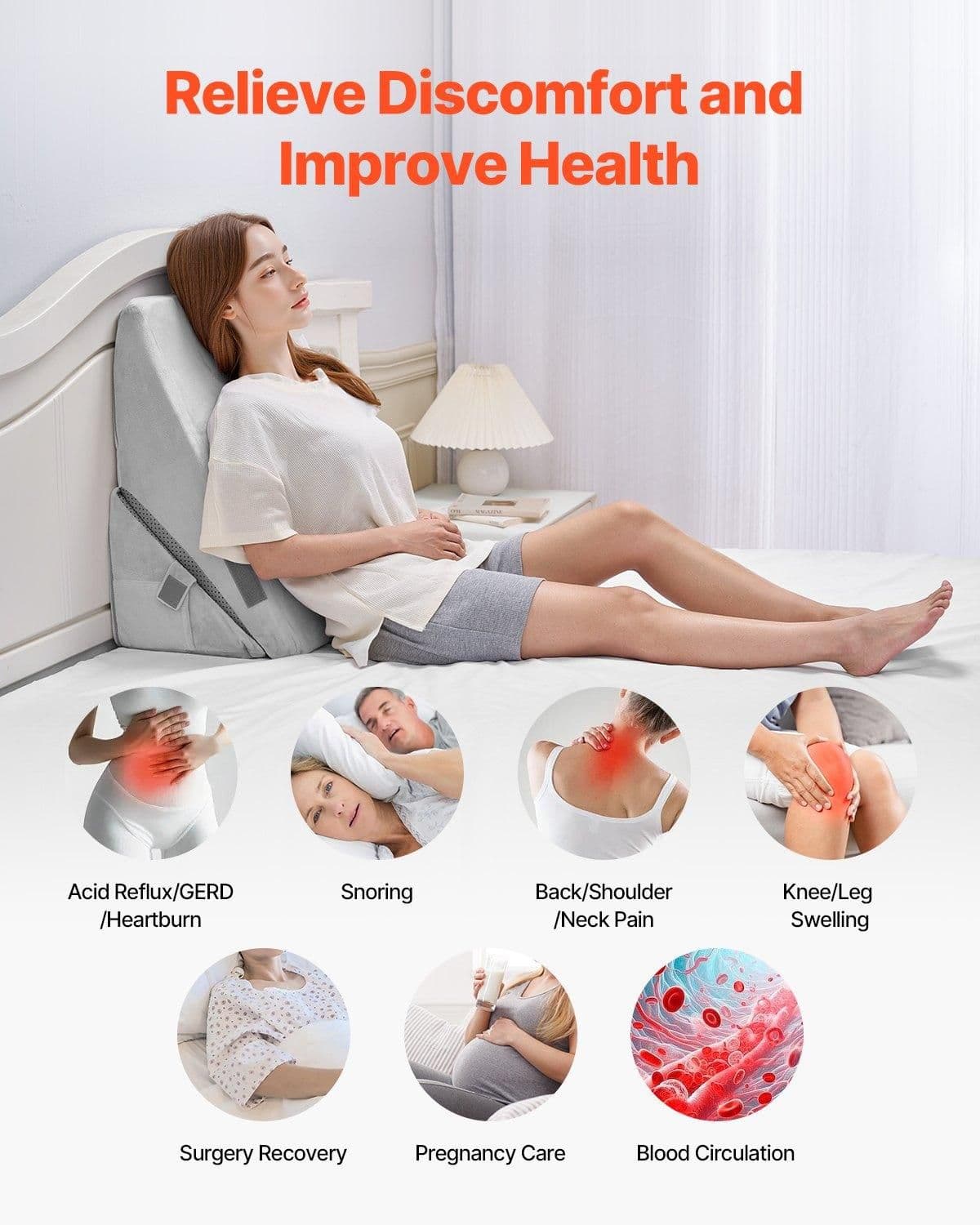 image-VEVOR Bed Wedge Pillow for Sleeping, Adjustable Orthopedic Bed Wedge, 25D High-Density Foam Filling & Soft Washable Cover, Post Surgery Pillow for Acid Reflux, Back Pain, Snoring Relief, Light Grey