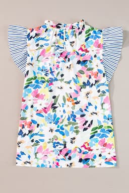 image-Light Blue Floral Print Blouse - Striped Ruffled Sleeves