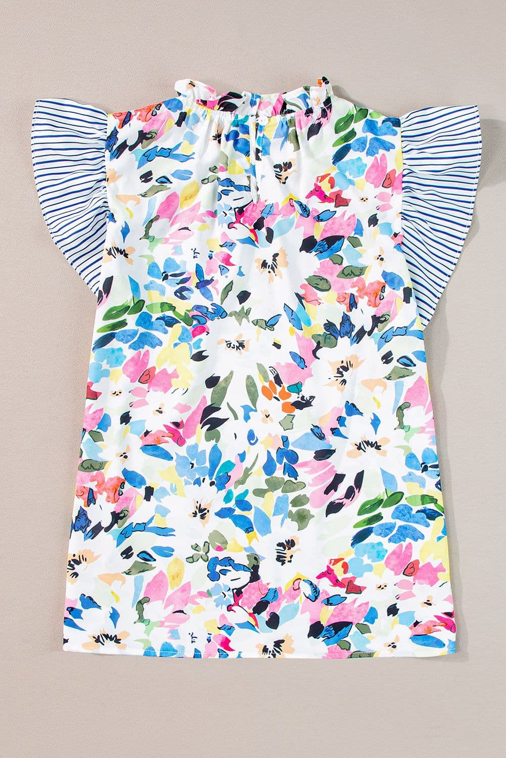 image-Light Blue Floral Print Blouse - Striped Ruffled Sleeves