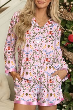 image-Pink Christmas Holiday Print Nutcracker Long Sleeve Shorts 2pcs Pajama Set