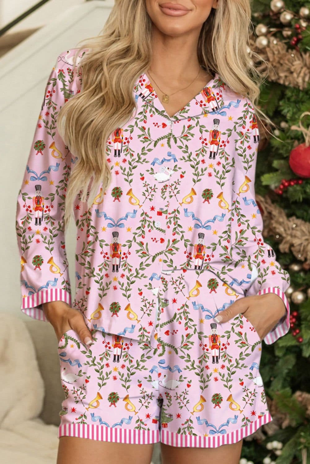 image-Pink Christmas Holiday Print Nutcracker Long Sleeve Shorts 2pcs Pajama Set