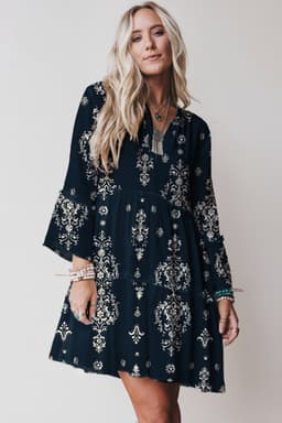 image-Sky Blue Boho Floral Print Mini Dress 3/4 Sleeve