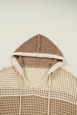 image-Parchment Colorblock Hollowed Knit Plus Size Hooded Jumper Sweater