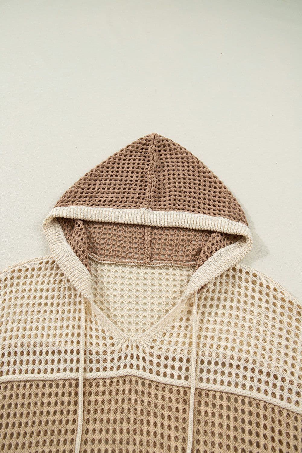 image-Parchment Colorblock Hollowed Knit Plus Size Hooded Jumper Sweater