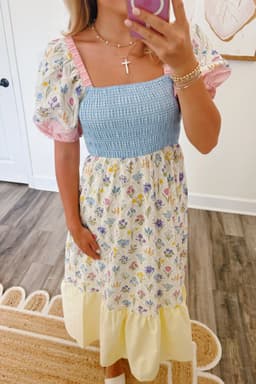 image-Floral Patchwork Long Dress - Square Neck Smocked Bodice