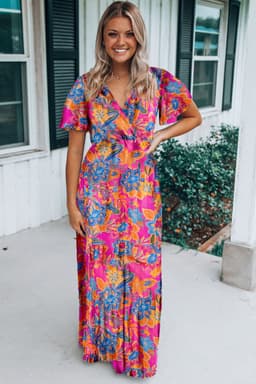 image-Rose Wrap V Neck Floral Maxi Dress
