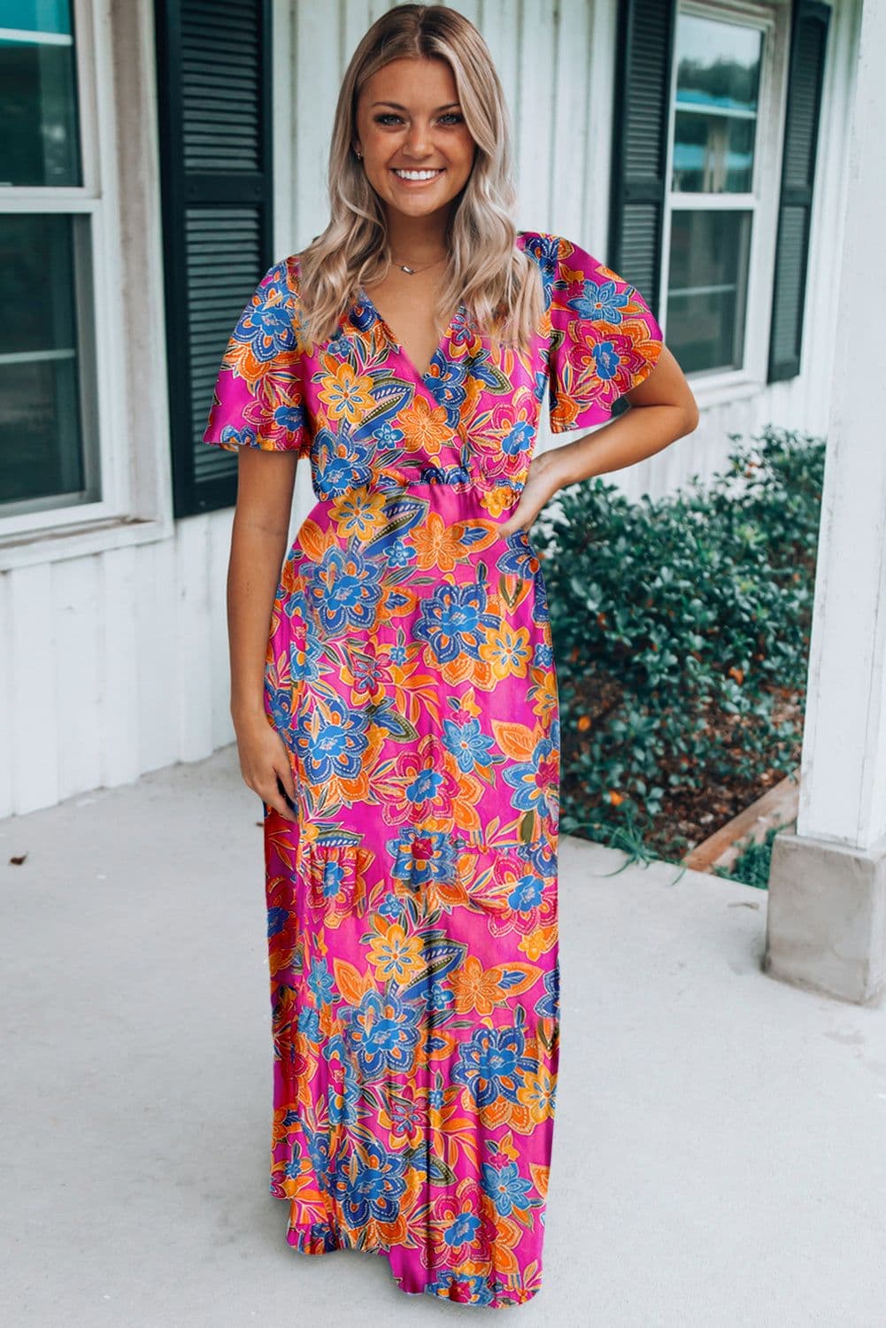 image-Rose Wrap V Neck Floral Maxi Dress