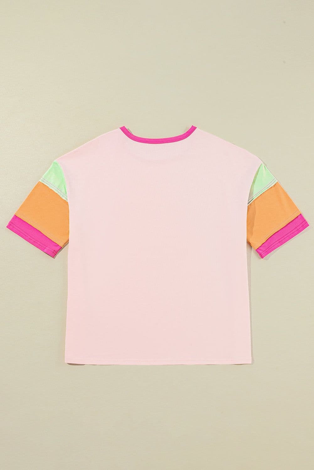 image-Pink Color Block Stitching Sleeve Round Neck Oversize Top