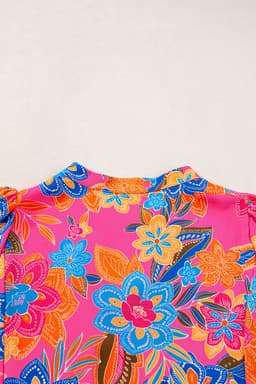 image-Rose Abstract Print Smocked Puff Sleeve V Neck Blouse