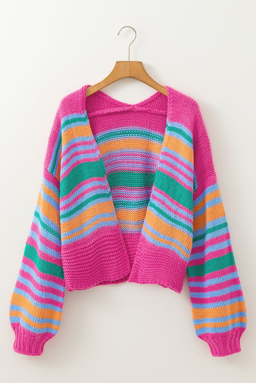 image-Rose Stripe Colorful Puff Sleeve Drop Shoulder Loose Cardigan