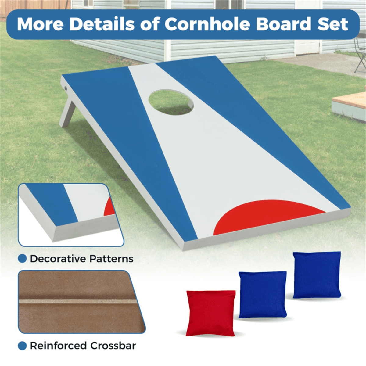 image-Cornhole Board Set - 3'x2' with 8 Bean Bags Blue+Red+White, Portable Outdoor Game