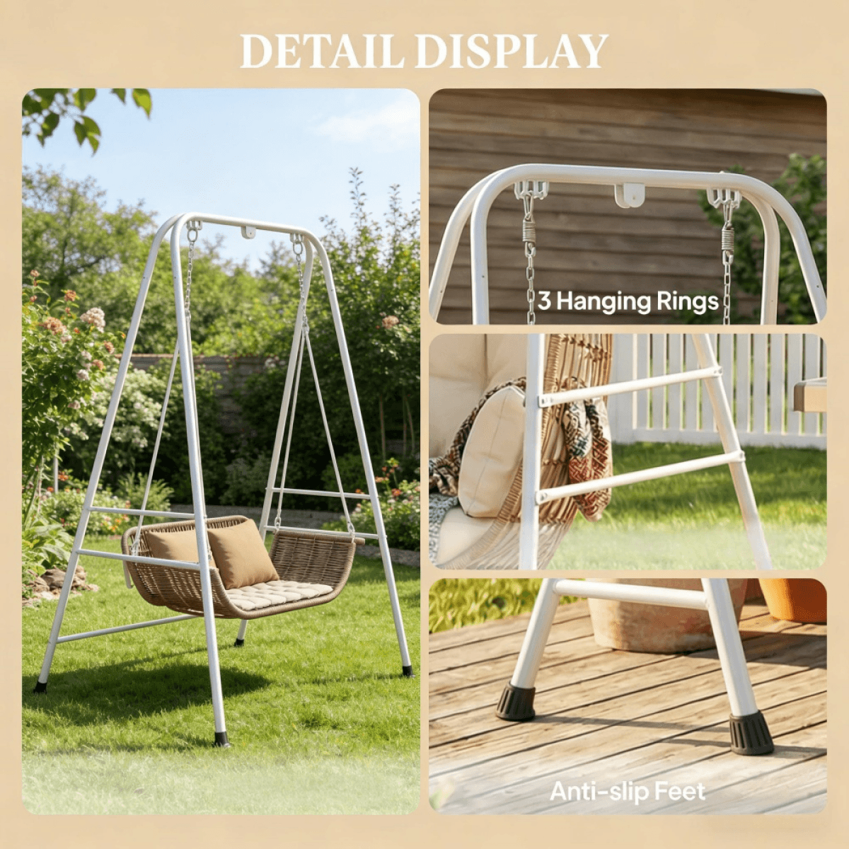 image-Hammock Chair Stand - Minimalist White, 330 lbs Support, 54.3" L x 50.8" W x 72" H